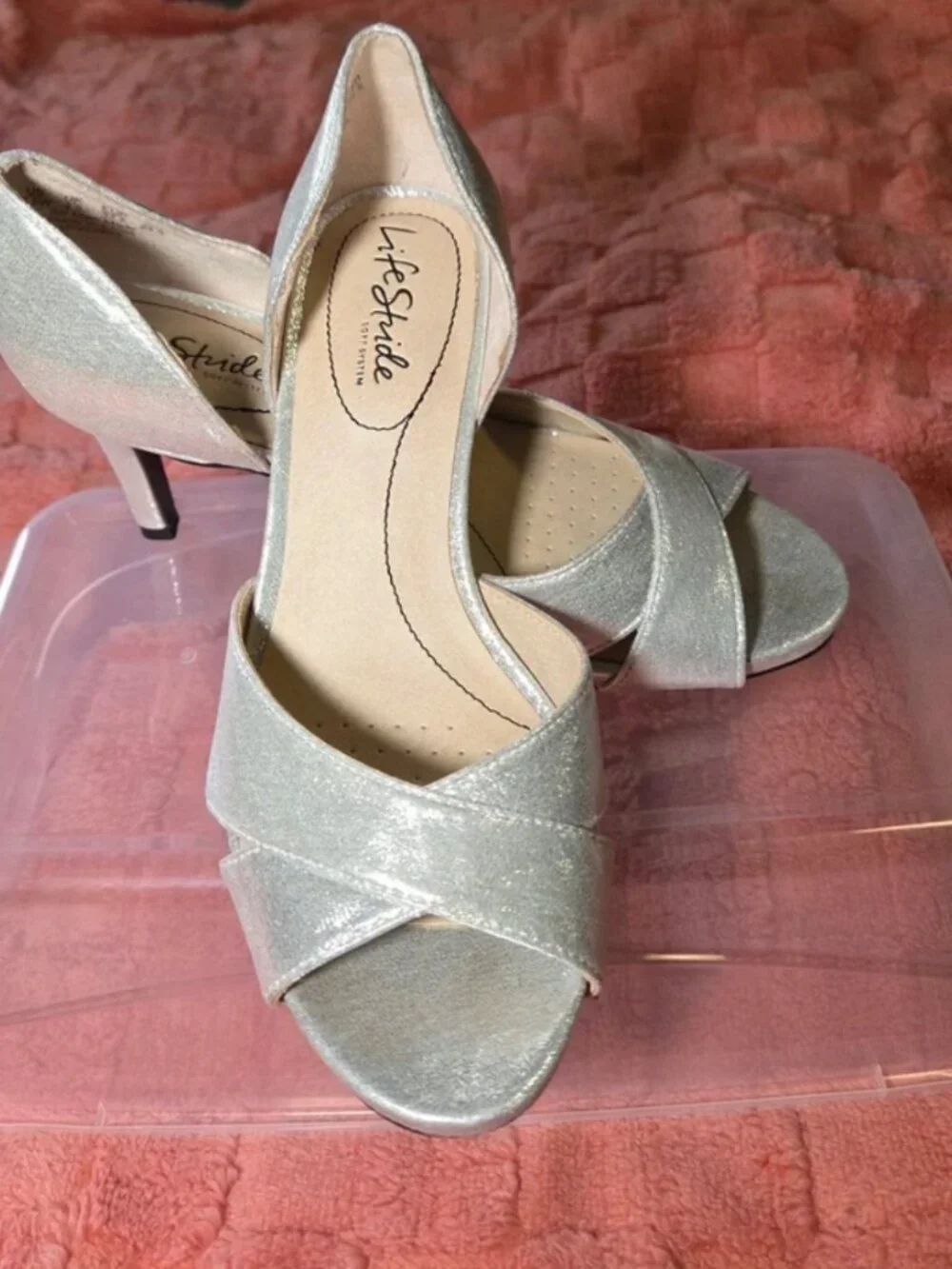 Metallic Silver Criss-Cross Peep-Toe Heels - Women's Size 7.5